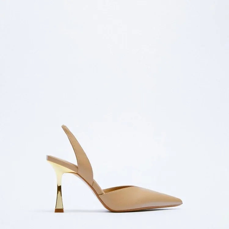 Women's patent leather pointed toe high heels in apricot colour, showcasing shallow mouth design.