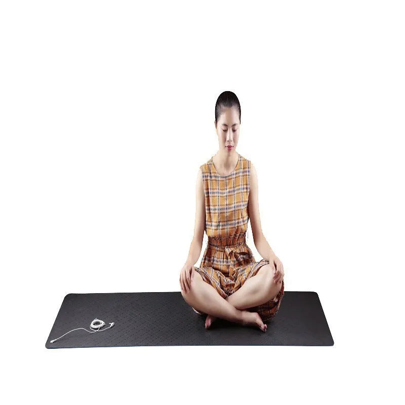 Blue conductive yoga mat with grounding wire and plant pattern, measuring 182x61cm