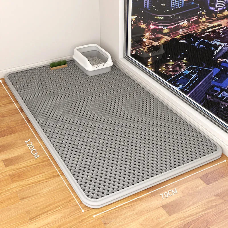 Double layer cat litter mat with waterproof backing in beige colour showing urine trap design