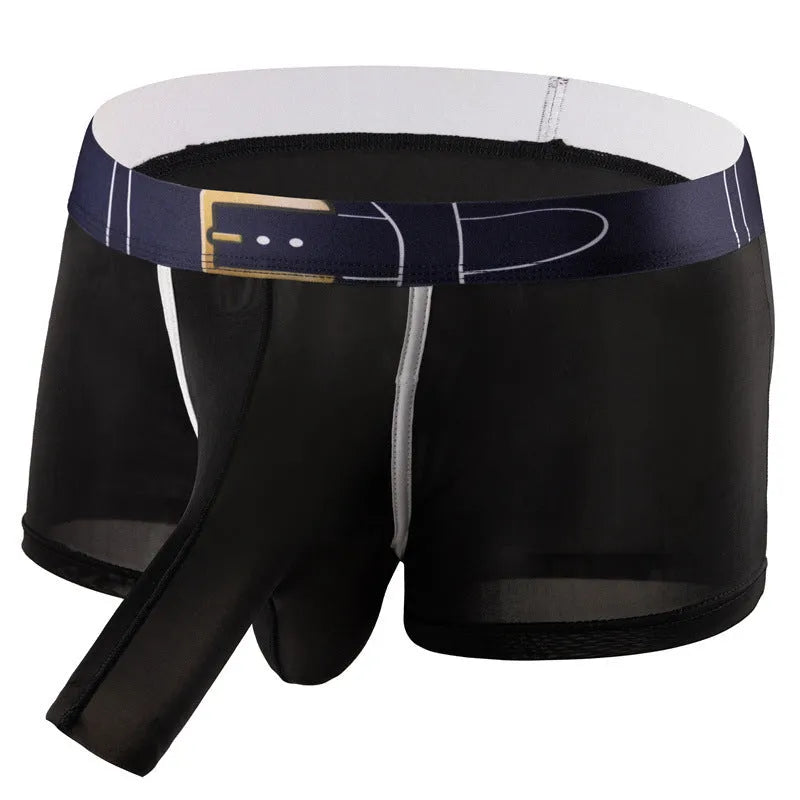 A pair of solid grey men's ice silk boxers laid flat, showing the mid-waist design.