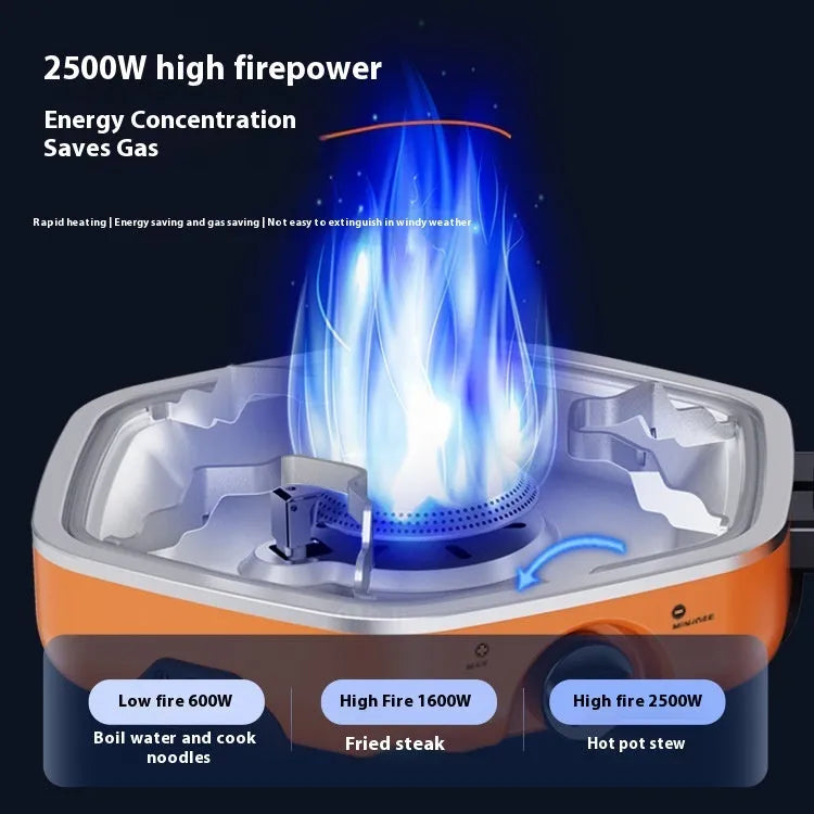Orange portable double-headed folding camping gas stove with two 2.5kW butane burners, shown open and folded