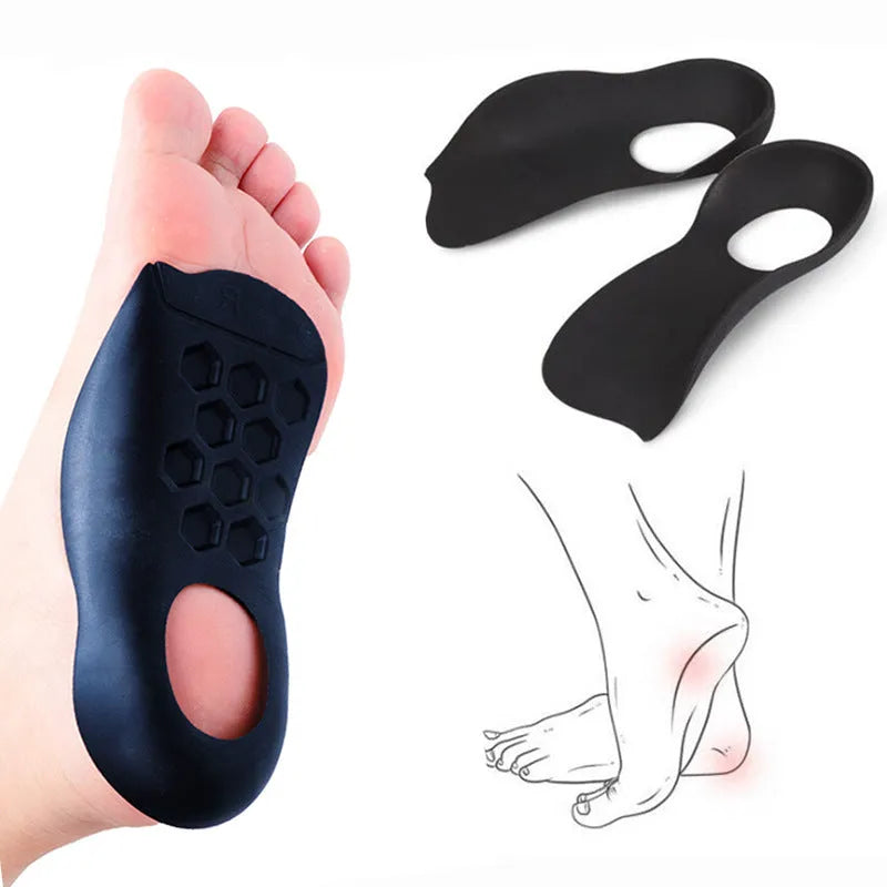 White arch support insole for varus foot correction on a grey background.