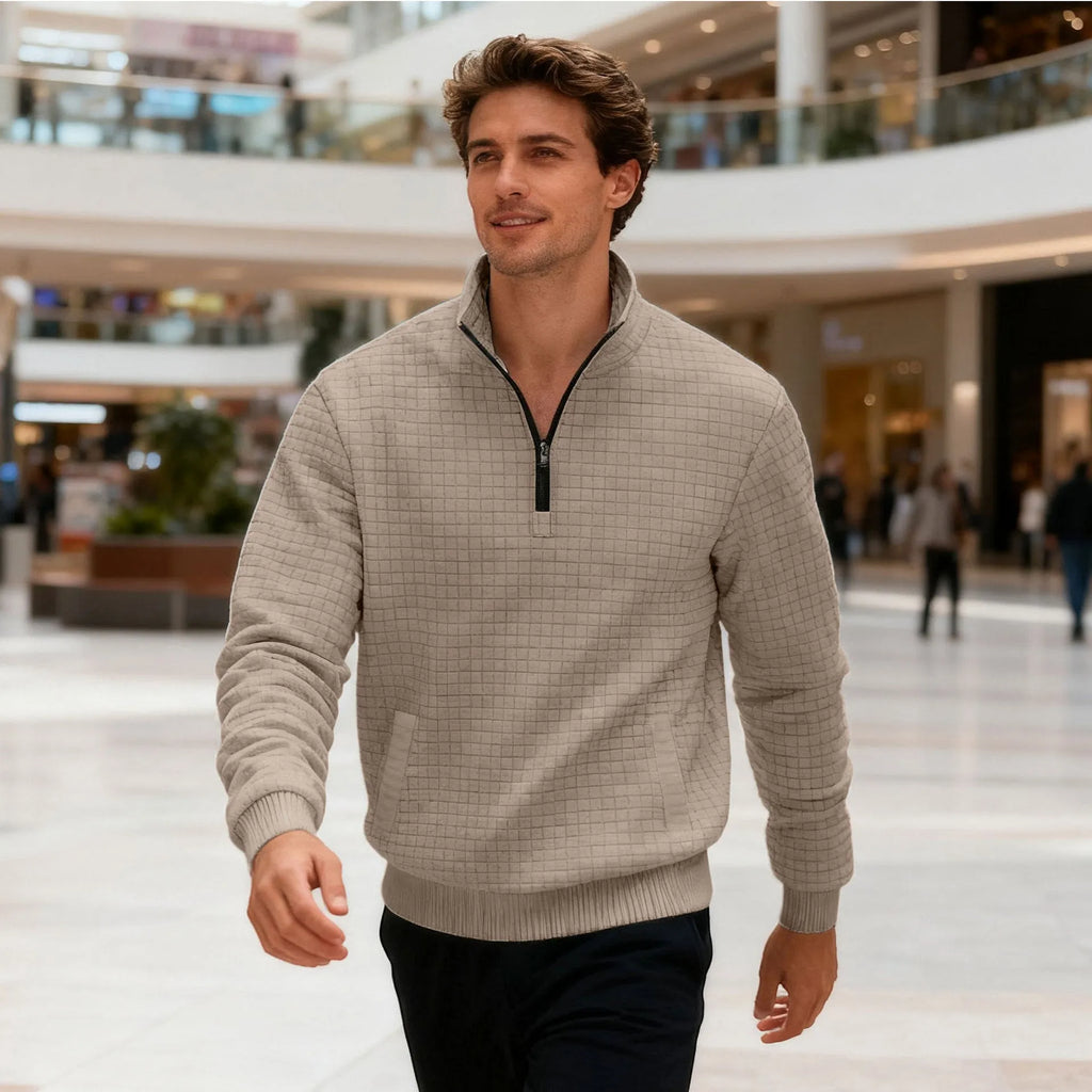 Men's grey stand-up collar long sleeve jacquard small check sweatshirt with side seam pockets