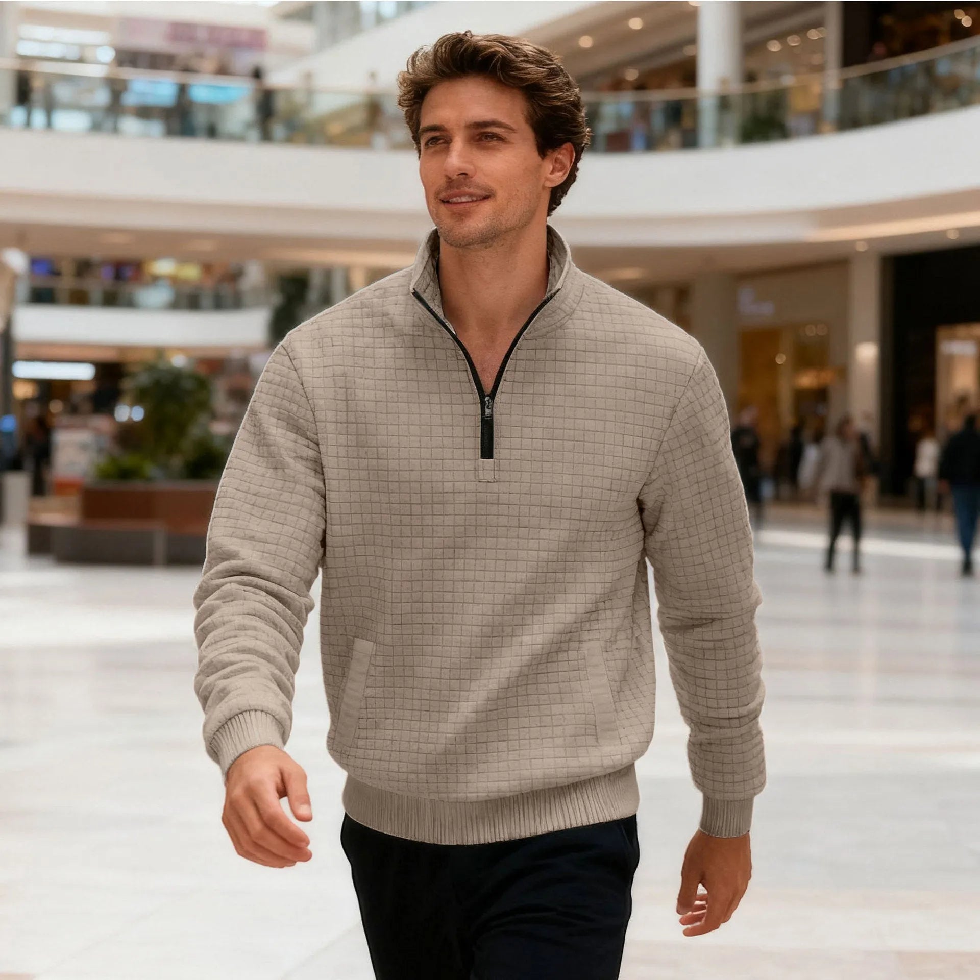Men's grey stand-up collar long sleeve jacquard small check sweatshirt with side seam pockets