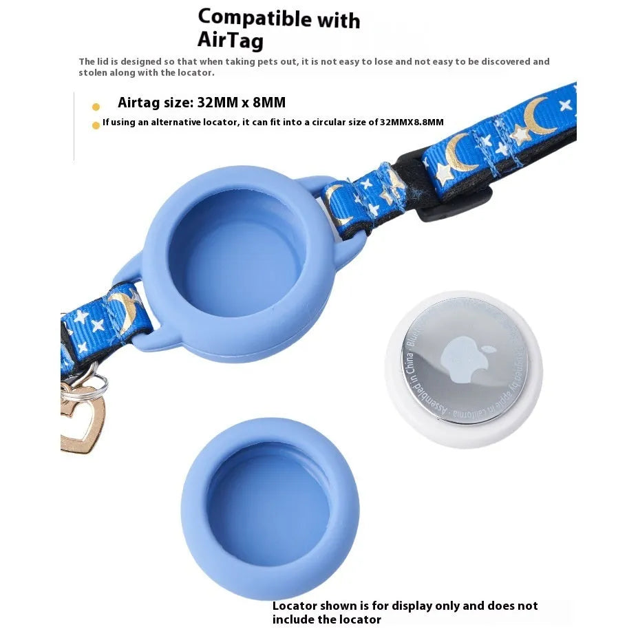 Adjustable cat collar with integrated plastic case for holding a white Apple AirTag, shown in pink.