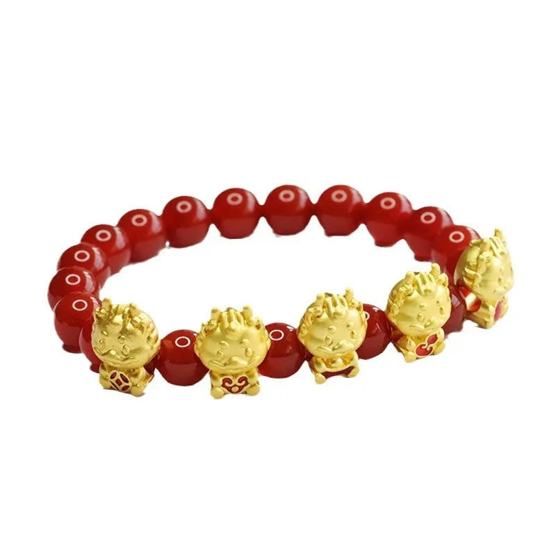 Red agate bracelet with Wufu Dragon design on 8mm beads