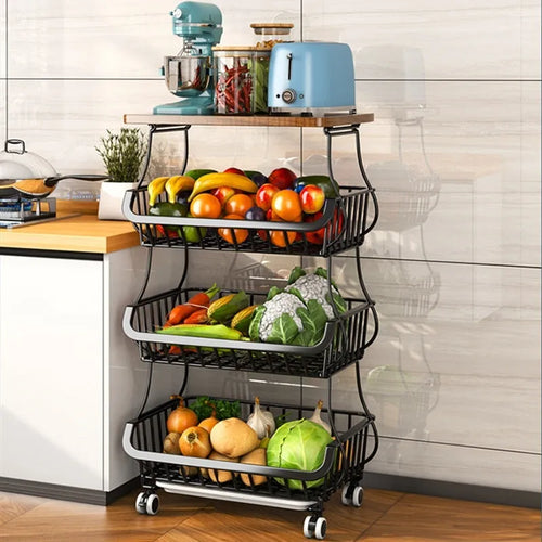 Black six-layer foldable kitchen storage rack with carbon steel frame on floor.