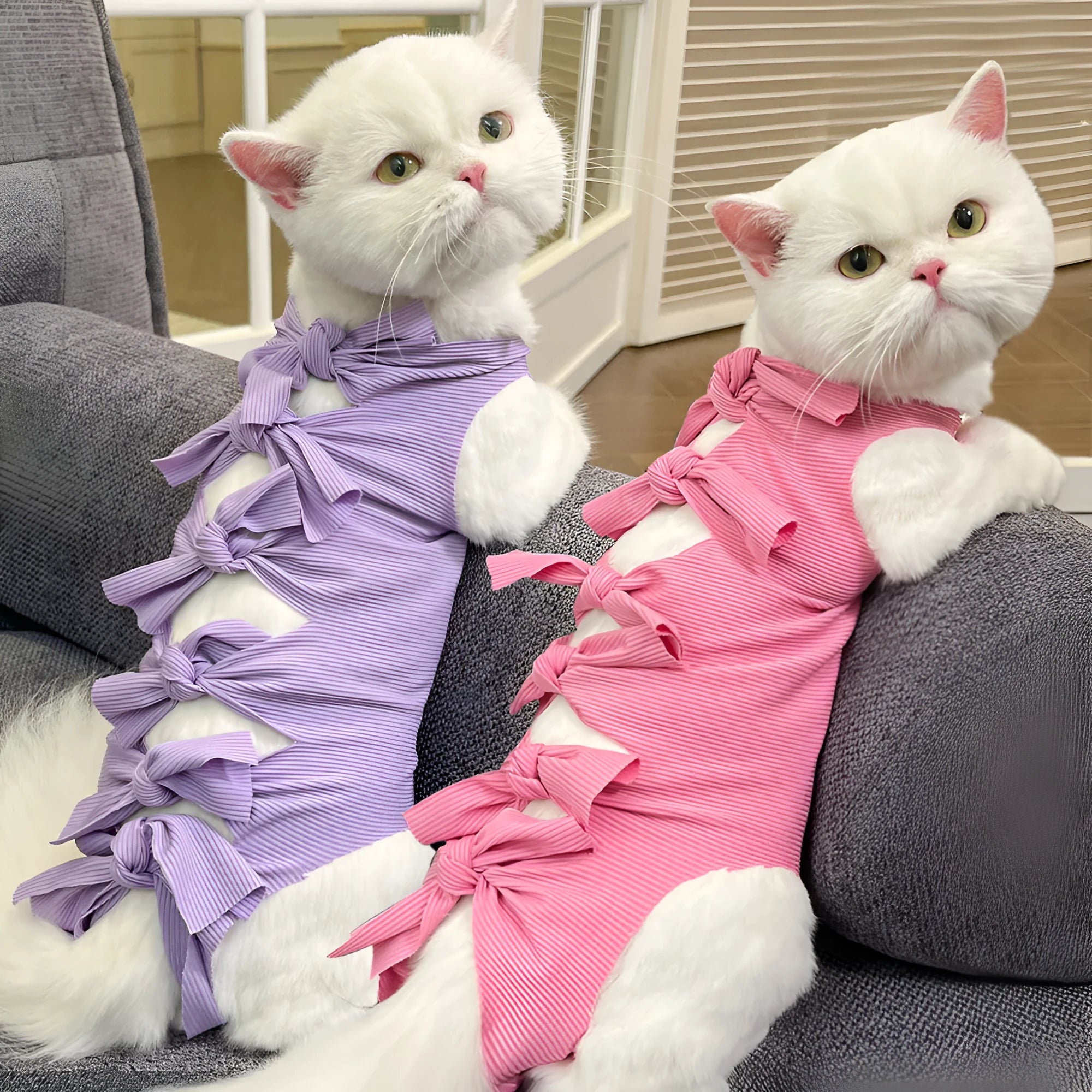 Pink lace-up cat recovery bodysuit on a table, showing back ties and full-body design for post-surgery care.