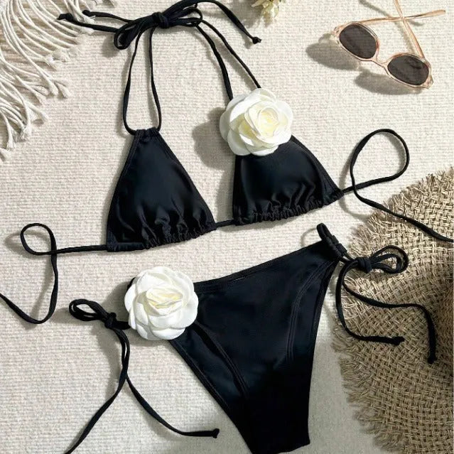 Black 3D flower bikini swimsuit with drawstring lace closure and backless design.