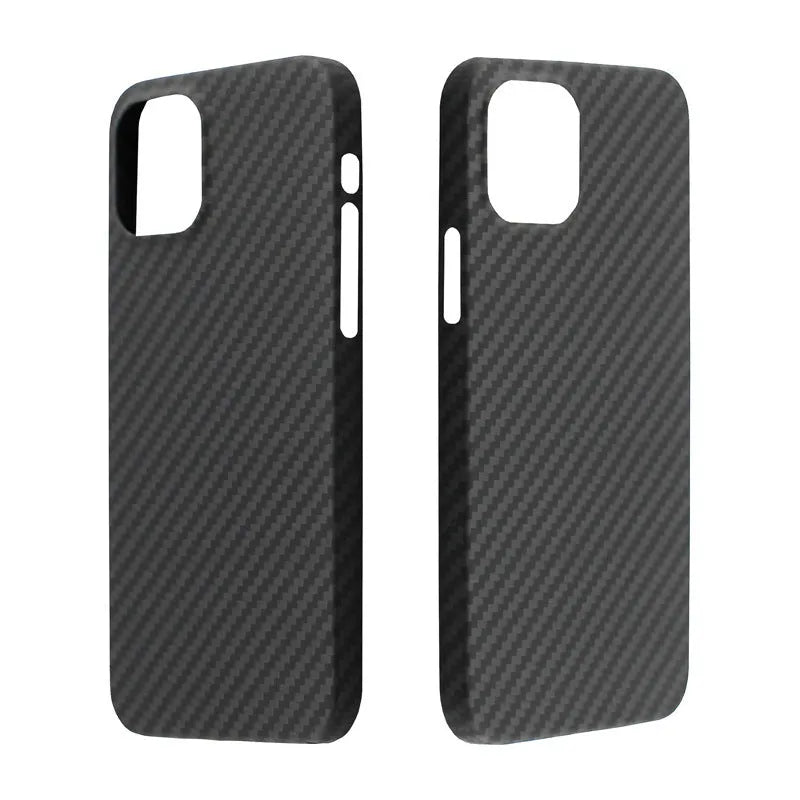 Dull black Kevlar fibre back cover case for Apple iPhone with MagSafe ring visible.