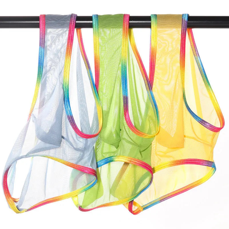 Mesh transparent women's briefs in multiple colours showing knitted nylon fabric.