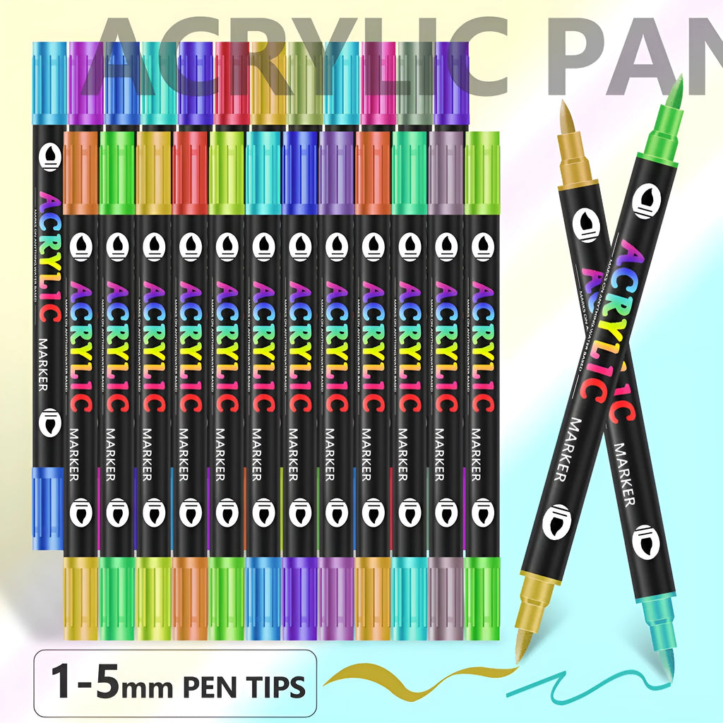 Set of double-ended washable acrylic marker pens with quick-drying opaque ink in various colours