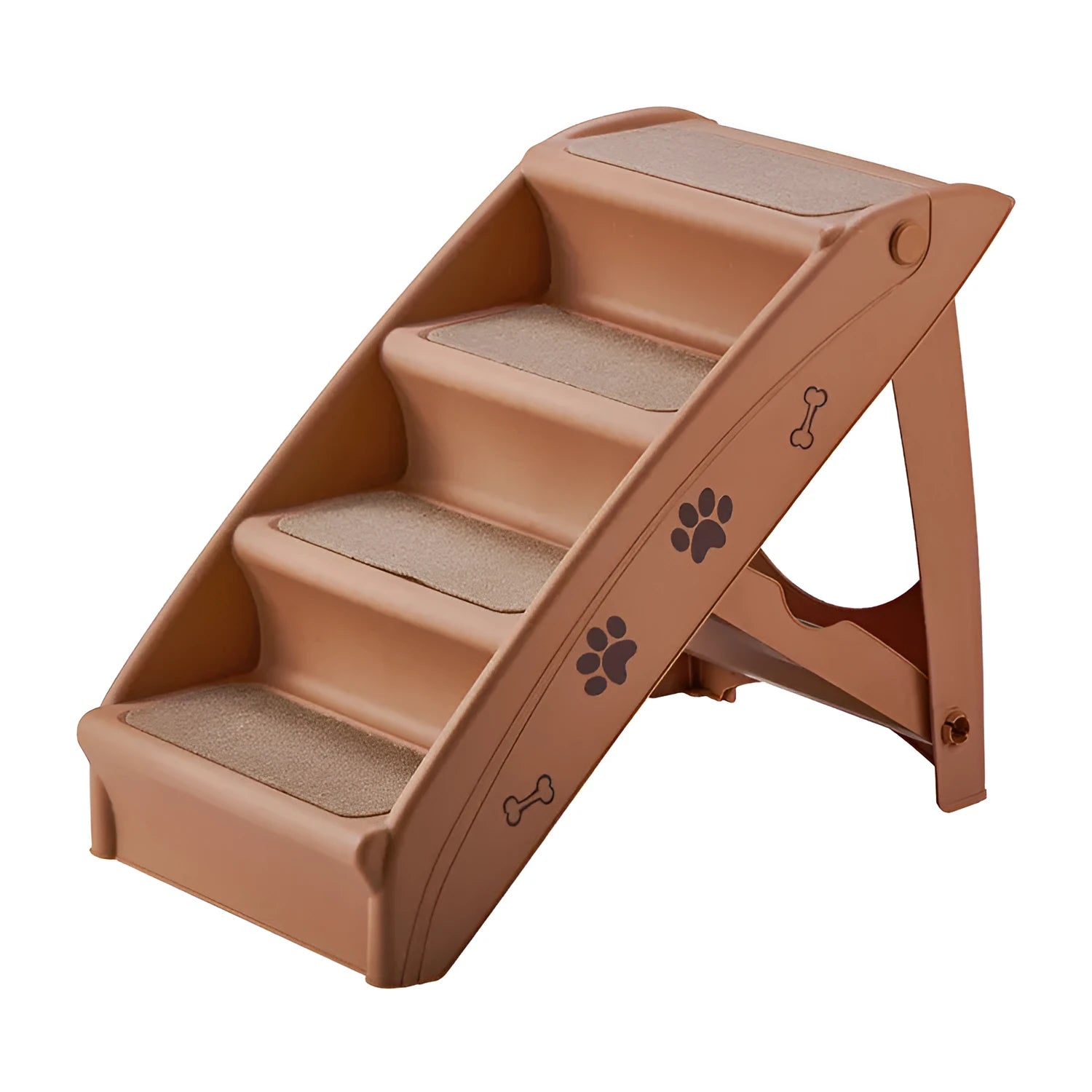 Foldable grey plastic pet stairs with three steps and a non-slip mat for small dogs and cats