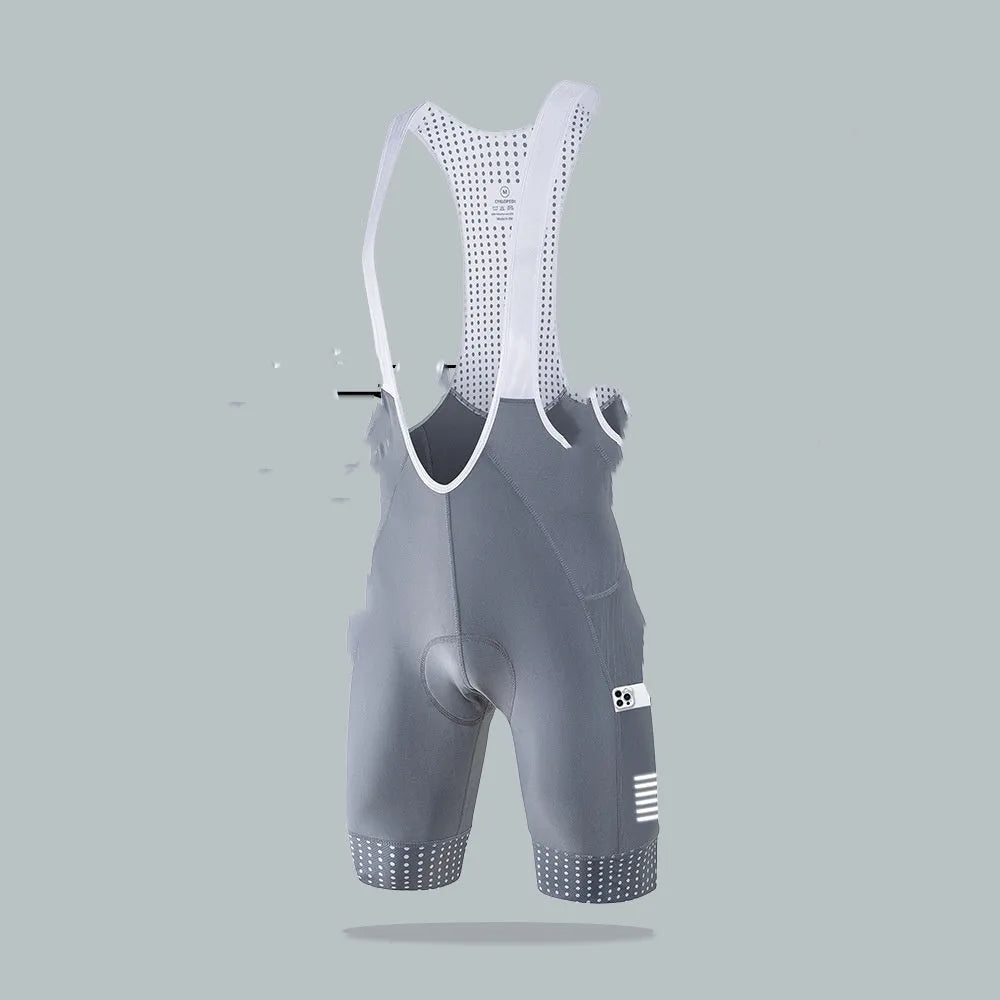 Men's black suspender shorts for road cycling, made from moisture-wicking polyester fabric.