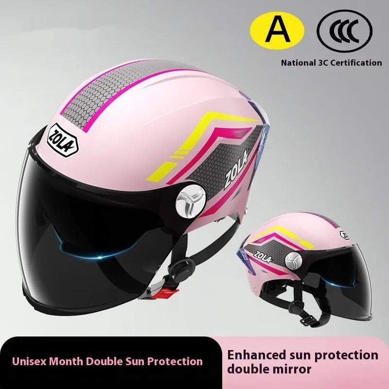 3C certified motorcycle half helmet showing integrated sun visor and dual anti-fog mirrors on a swivel mount.