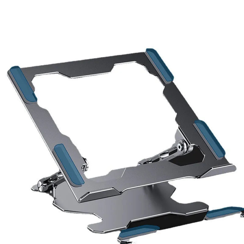 Grey adjustable aluminium laptop stand holding a silver laptop, shown in a folded and unfolded position.