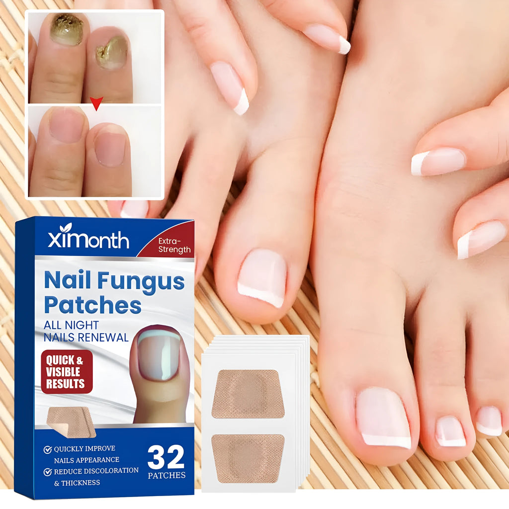 Box of 32 nail repair adhesive bandage patches for cracked nails, shown with one patch removed.