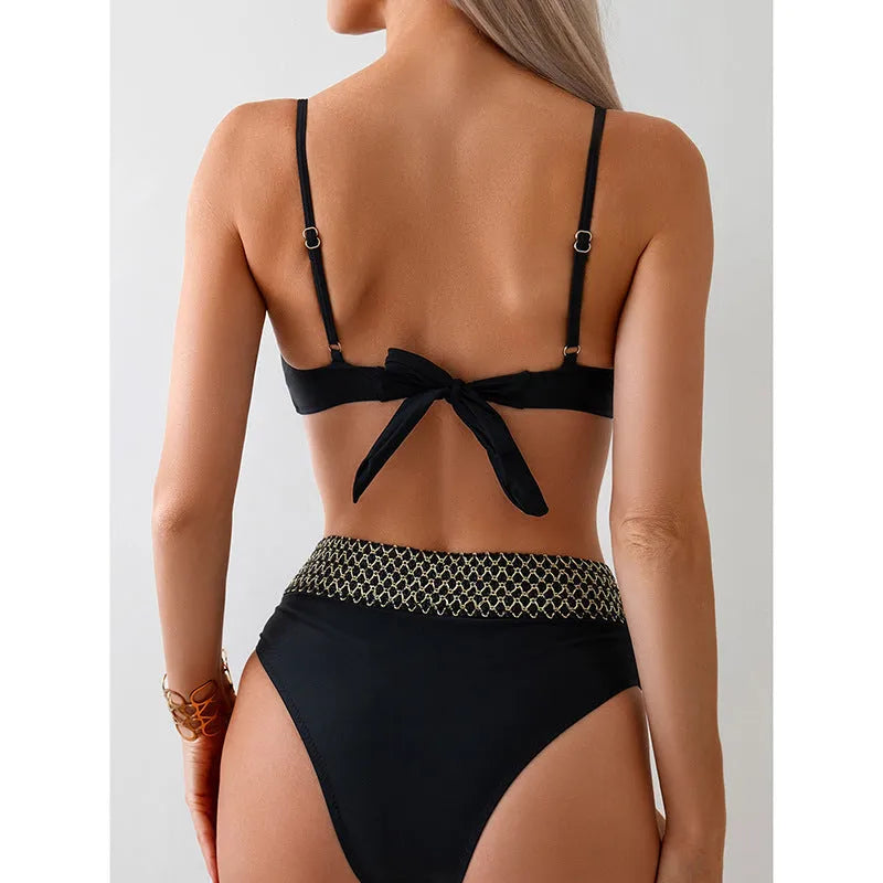 Black polyester bikini swimsuit with sleeveless top and briefs in European American style