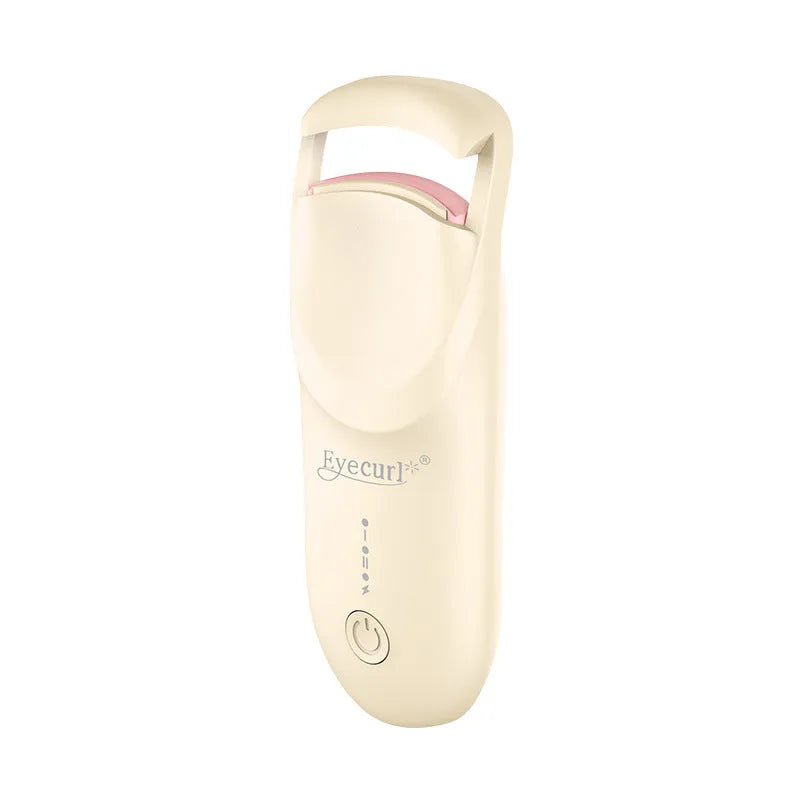 Electric USB-rechargeable eyelash curler in cream white, pink, and apricot colour options.