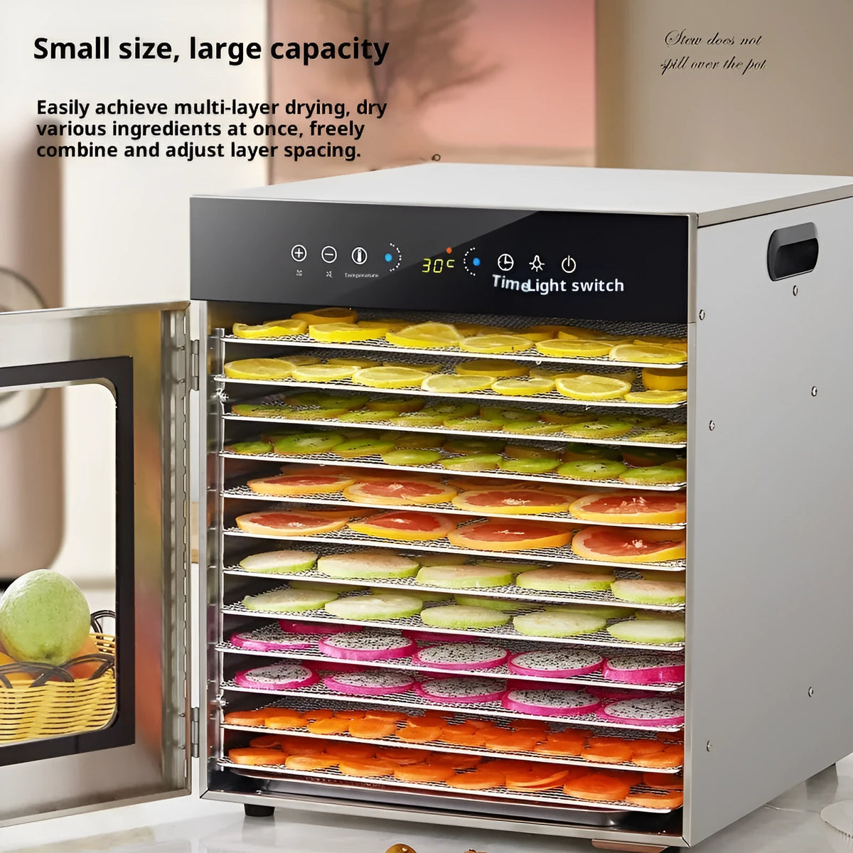 12-layer food dehydrator with stainless steel valve body, touch screen, and 19.5x28cm tray