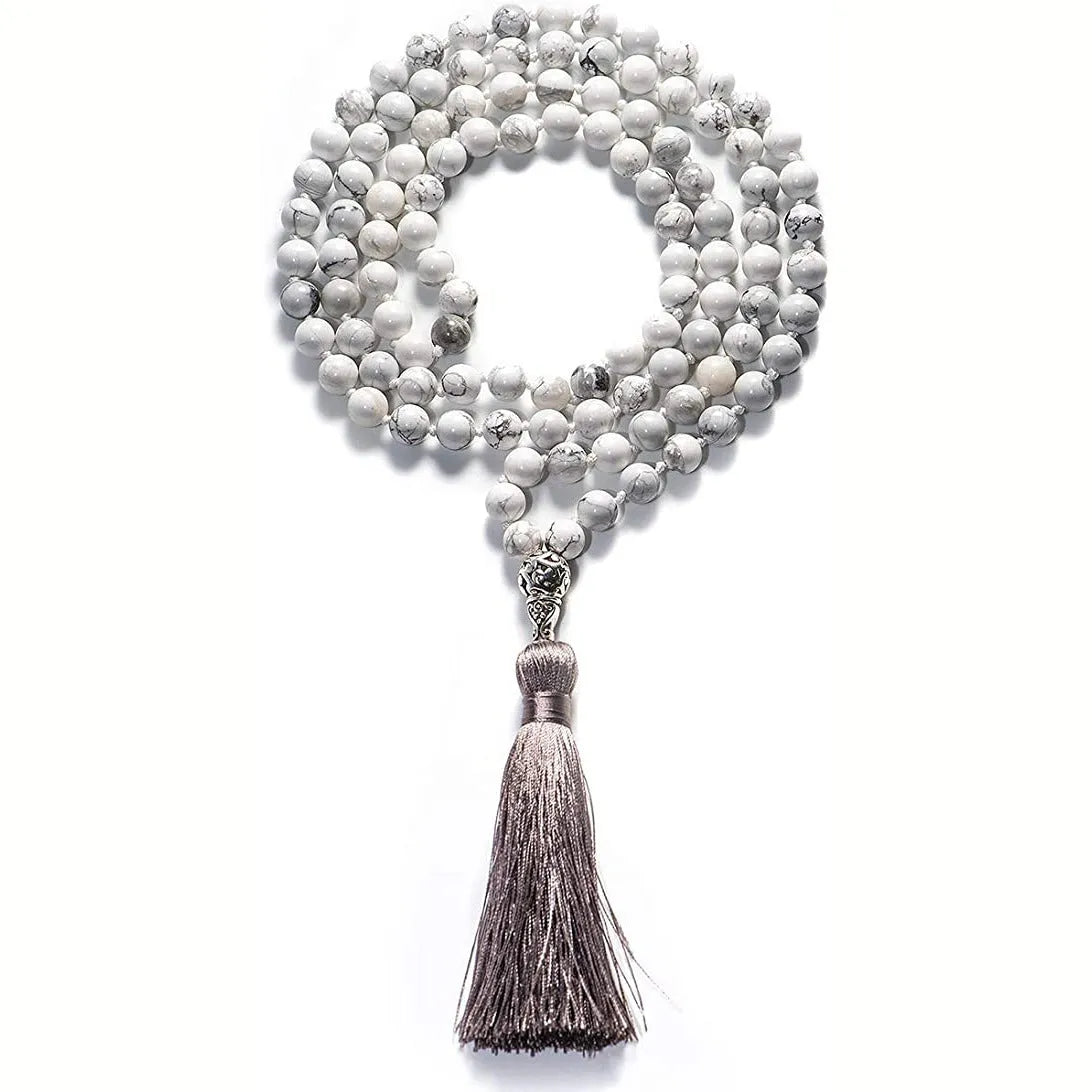 Geometric agate tassel necklace with multi-stone pattern showing Indian agate, turquoise, lapis lazuli, and amethyst beads