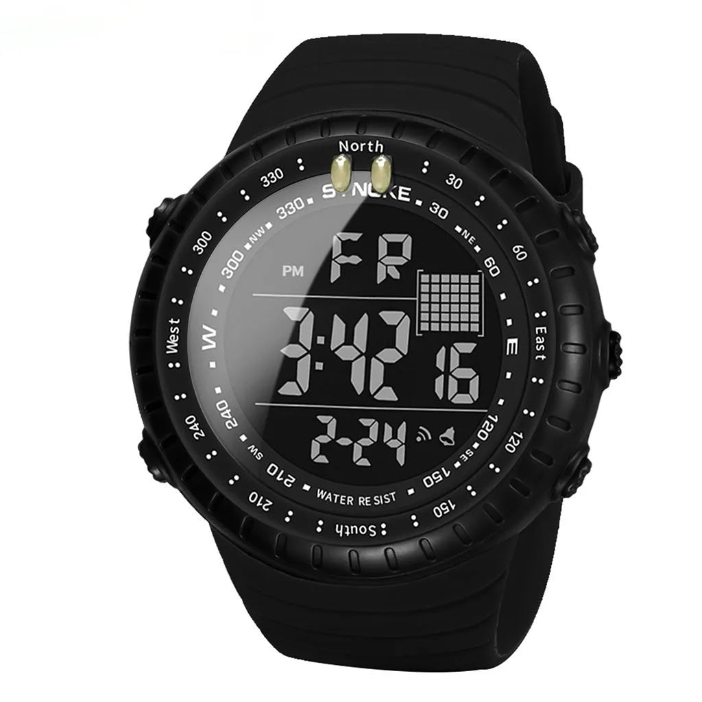 Black waterproof electronic outdoor watch for men with a large 54.74mm plastic case and PU strap.