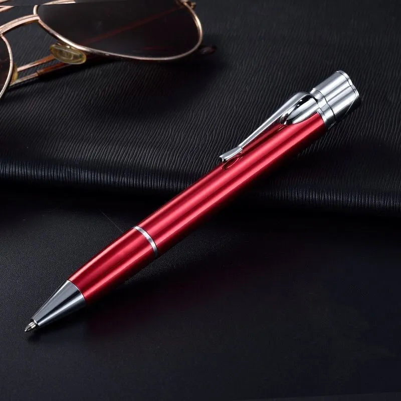 Slim metal windproof pen lighter with jet flame, shown with key chain in selectable colours.