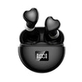 Heart-shaped digital display in-ear earbuds in pink, black, or white with 10m range and 4-8 hour battery