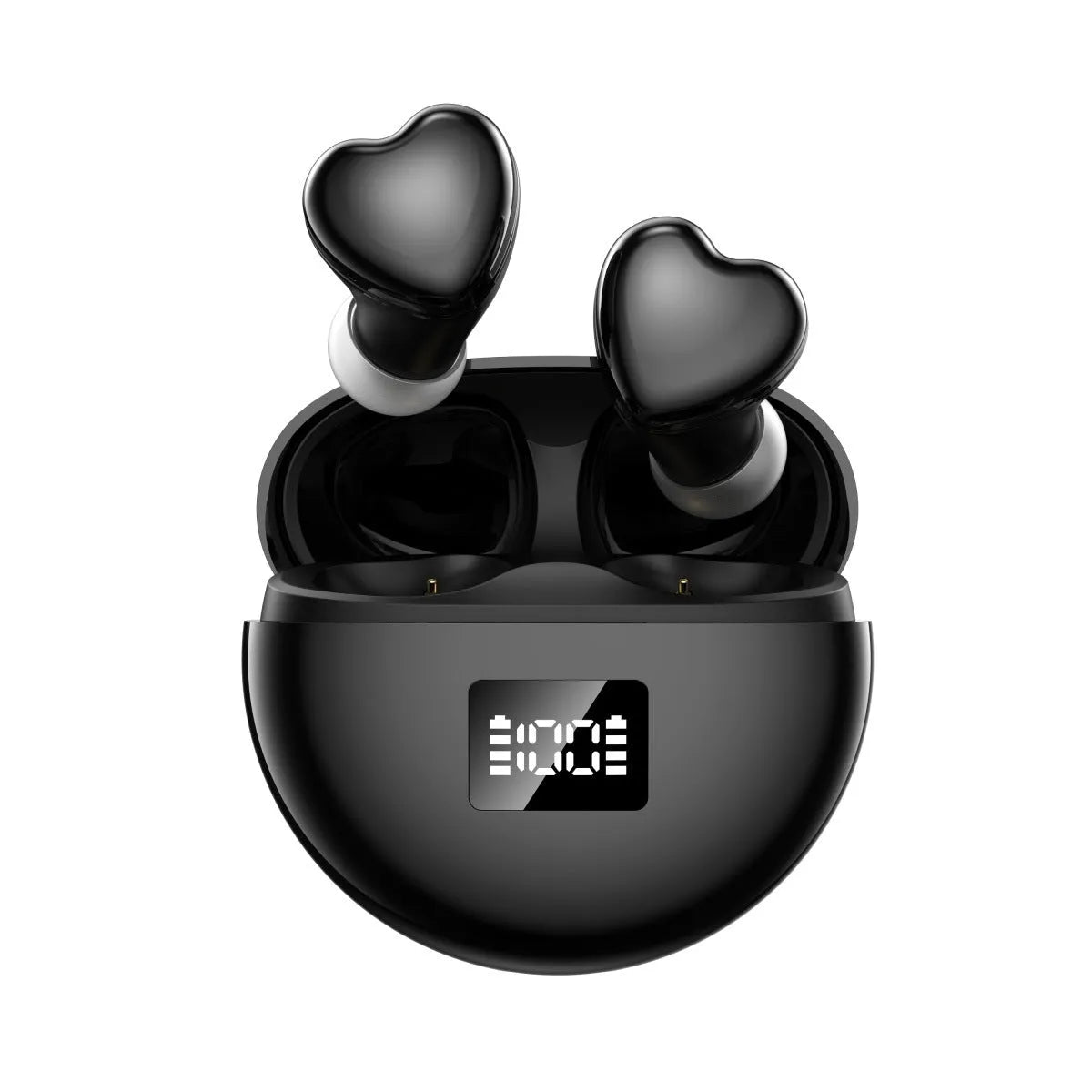 Heart-shaped digital display in-ear earbuds in pink, black, or white with 10m range and 4-8 hour battery