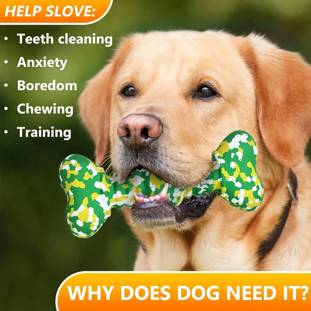 Green, white, and yellow camouflage pattern natural rubber dog chew bone for large breeds.
