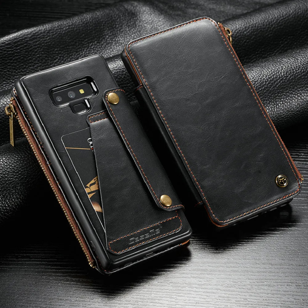 Black PU leather flip phone case for Samsung Galaxy Note 9 shown open and closed.