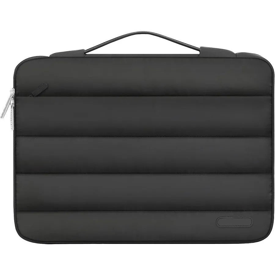Velvet laptop bag with plaid pattern in light brown colour showing structured storage for 13.3-inch devices