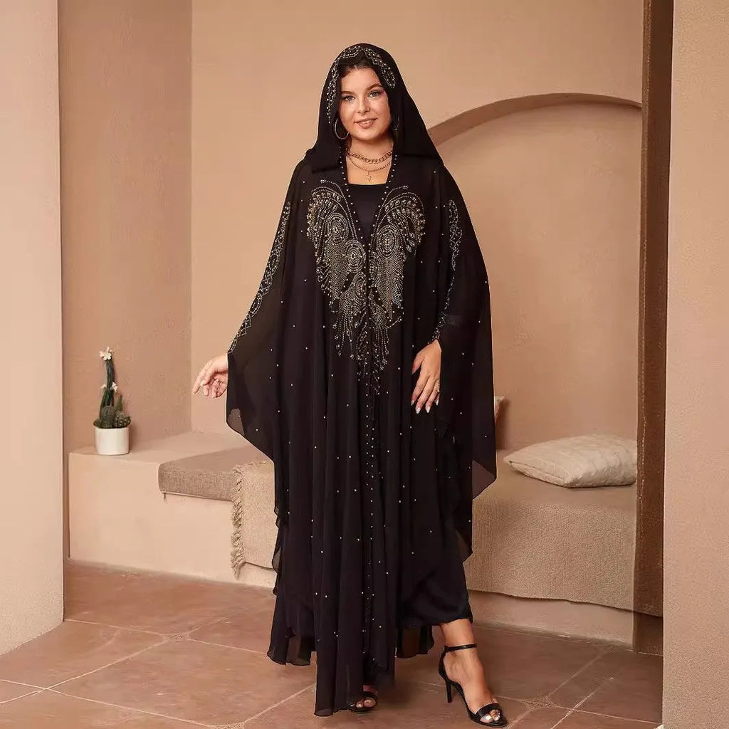 Long purple chiffon shawl with rhinestone beading, draped to show length and detail.