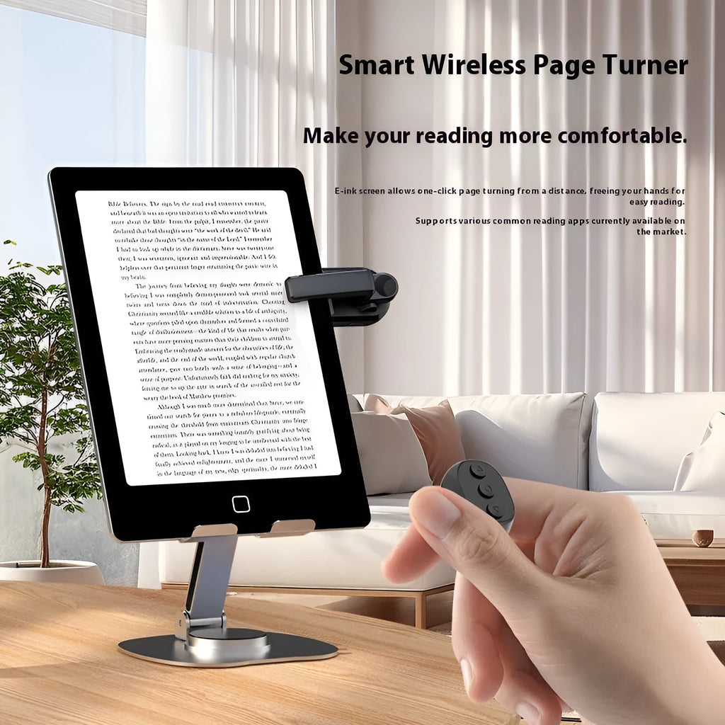 Smart wireless page turner remote control with clicker, in black, white, or pink, for tablets and smartphones.