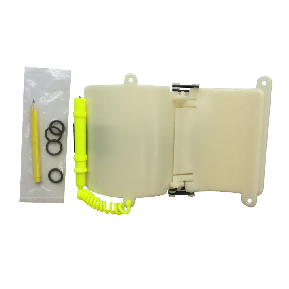 White luminous underwater writing wristboard for scuba divers with pencil and spare O-ring