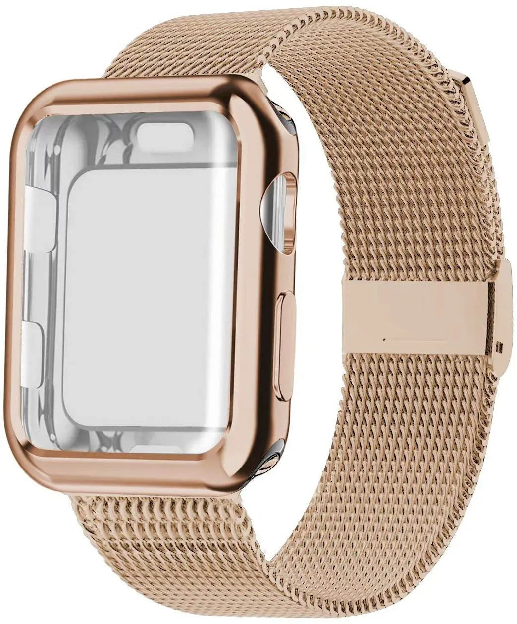 Apple Watch with silver magnetic Milanese loop band showing adjustable magnetic clasp on wrist.