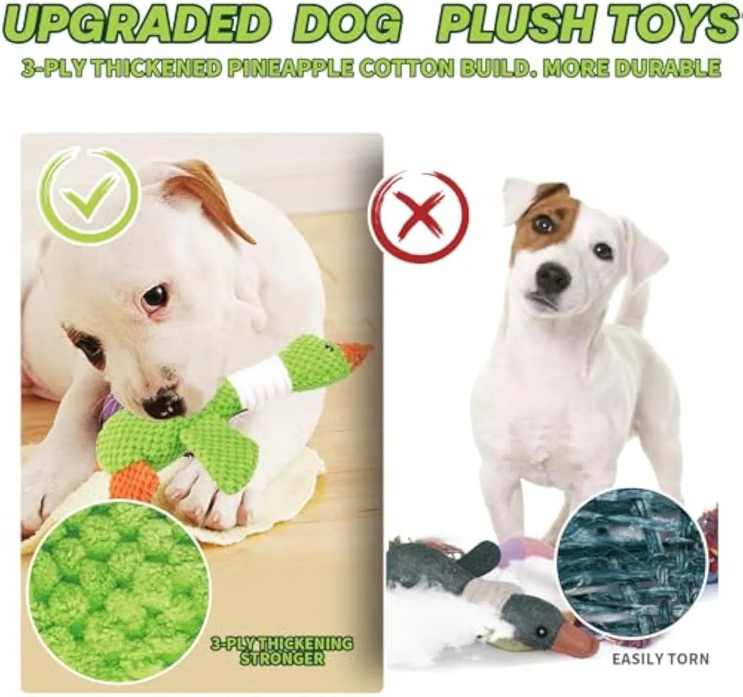Blue plush duck dog toy with squeakers for chewing and fetch play.