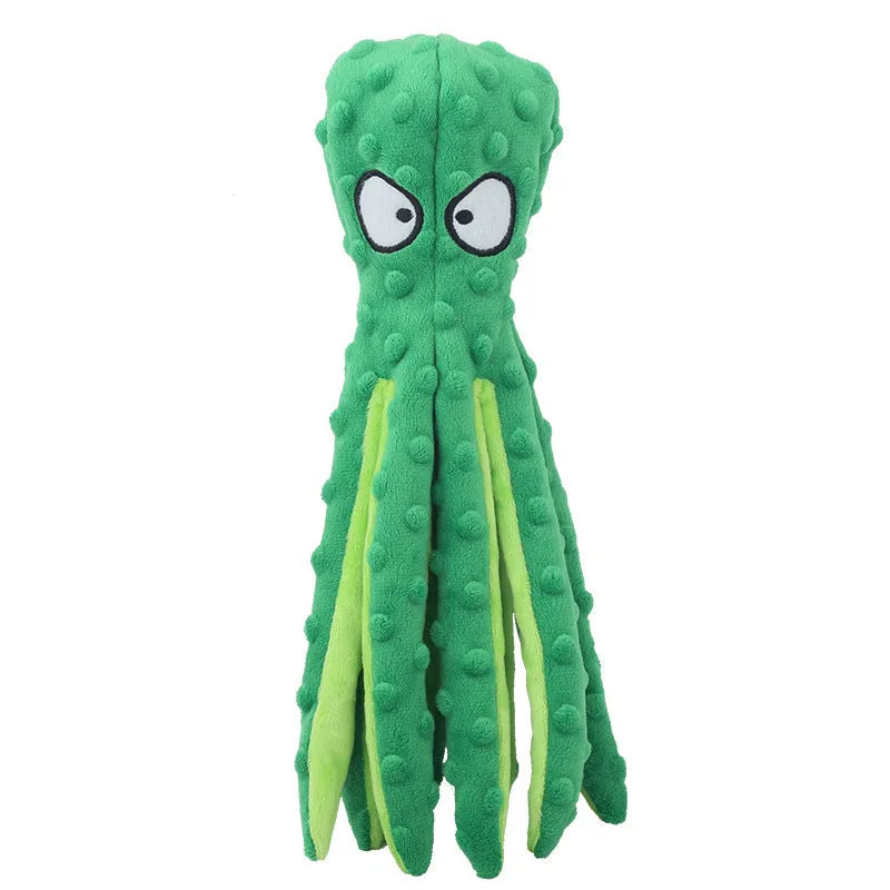 Blue unfilled octopus plush dog toy with crinkle and squeaker, shown next to a tape measure indicating its 32cm length.