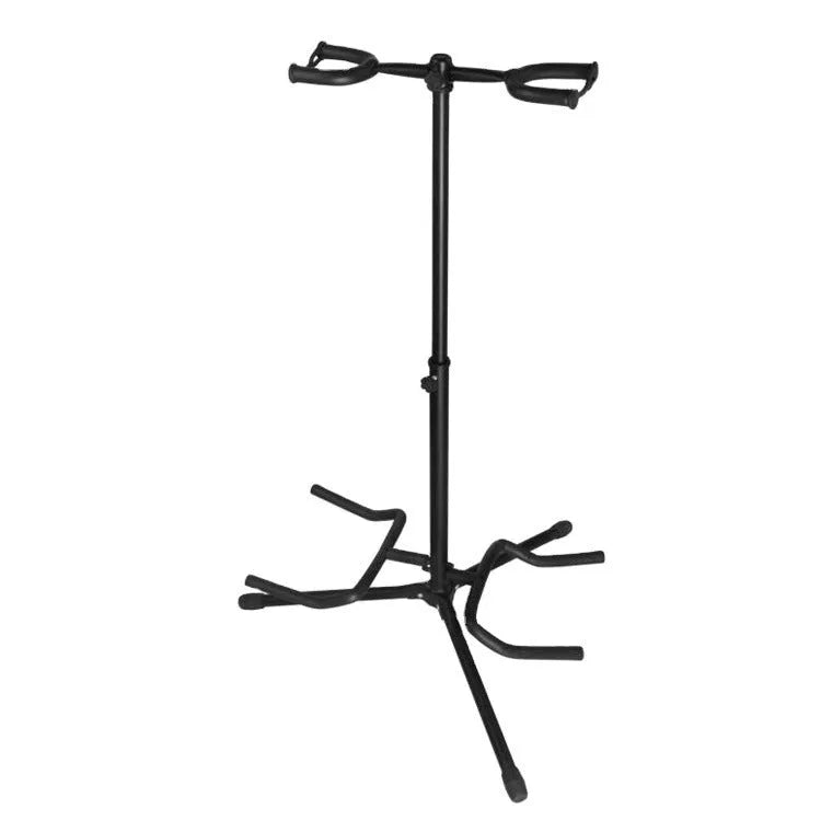 Black vertical double-headed adjustable guitar stand showing iron construction and height adjustment mechanism