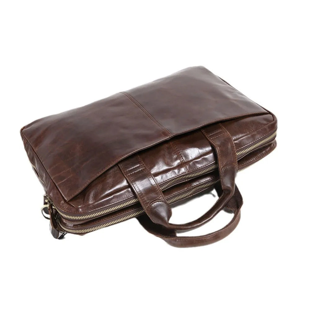 Brown first layer cowhide business briefcase with leather pattern and polyester cotton lining