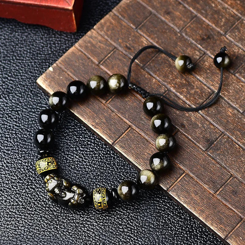 Hand-woven golden obsidian Pi Xiu bracelet with natural stone beads in Chinese zodiac style