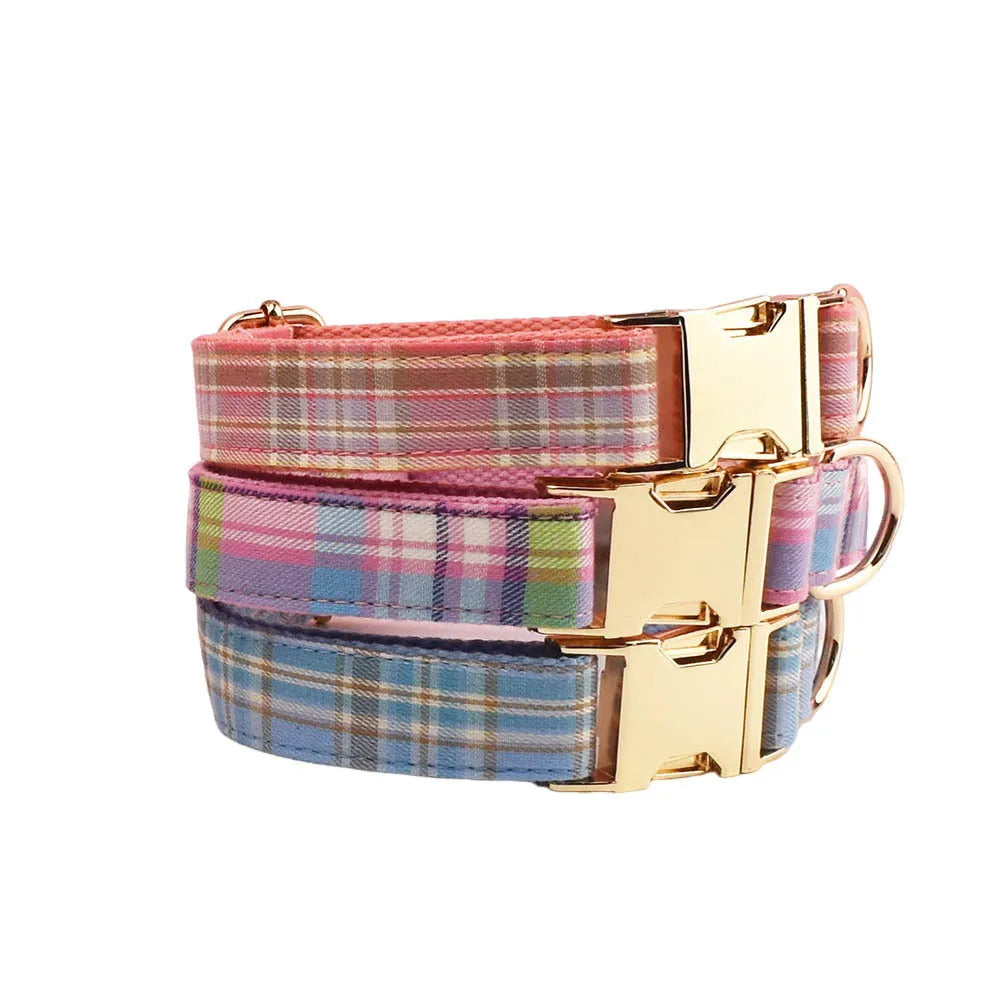 Complete four-piece dog collar and lead set with matching bow and vest in cloth material