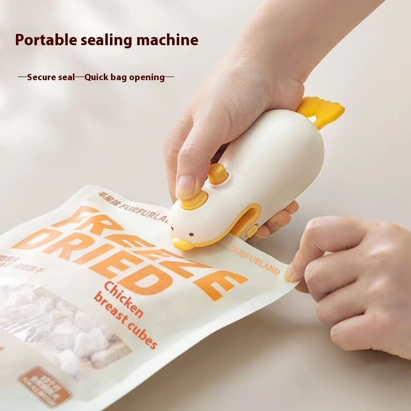 Small yellow rechargeable sealing machine with animal jacquard pattern and charging cable.