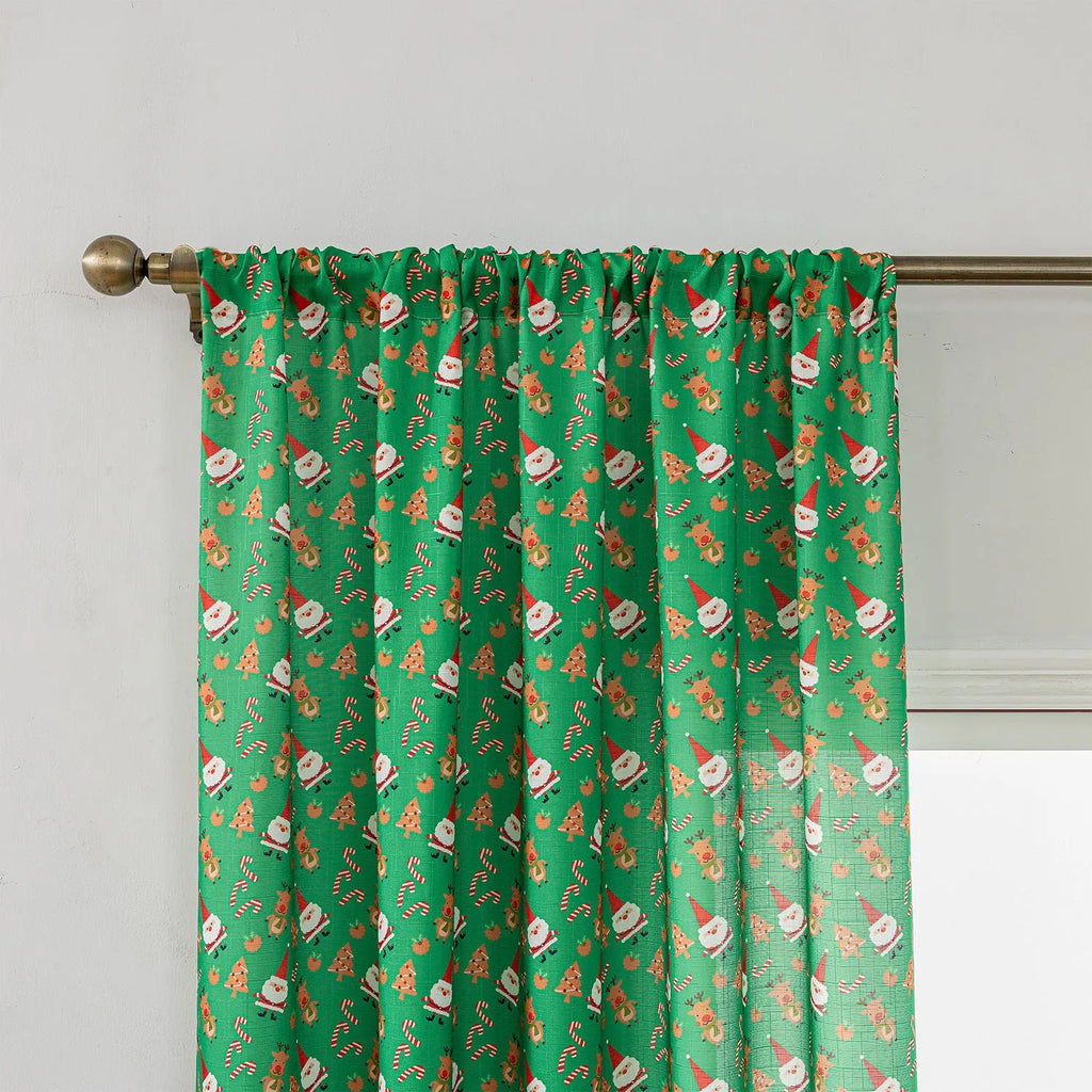 Green Christmas curtain with printed snowman angel cartoon pattern for living room decoration