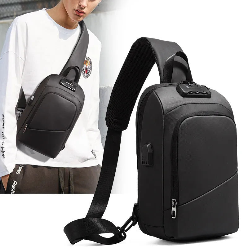 Black anti-theft lock chest bag with USB charging port, medium square shape, Polyamide fibre material