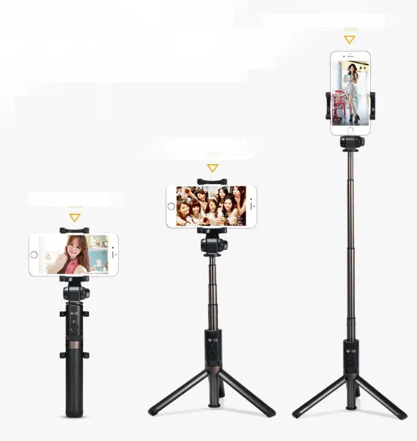 Aluminium Bluetooth selfie stick with tripod base and remote control extended with mobile phone attached