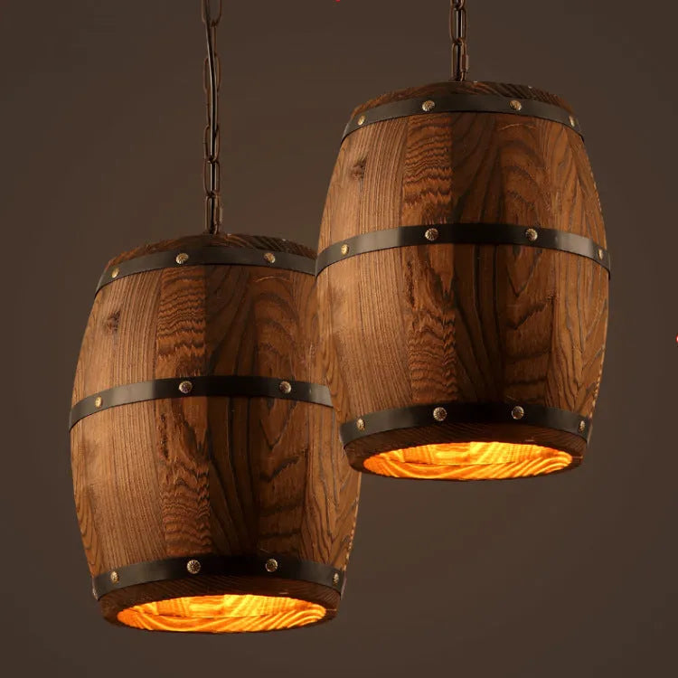 Wooden wine barrel chandelier with adjustable height and E27 bulb base for dining room