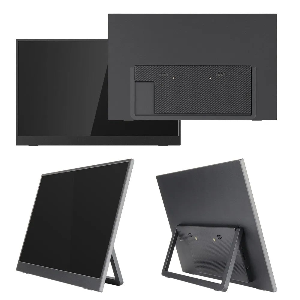 Black 15.6-inch portable IPS monitor on its adjustable stand, showing a desktop application.