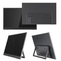 Black 15.6-inch portable IPS monitor on its adjustable stand, showing a desktop application.