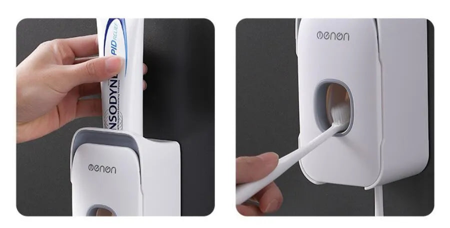 Blue automatic toothpaste dispenser made of ABS plastic mounted on a bathroom wall.